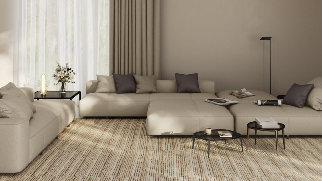 front view of a peaceful living room with a rounded, organic style sofa with slubbed yarn and a textured rug on the floor