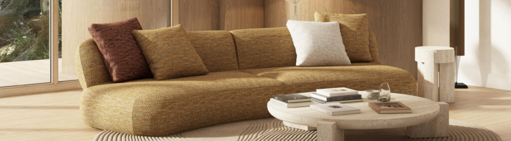 an organic modern sofa upholstered in a deep neutral-coloured fibreguard upholstery fabric