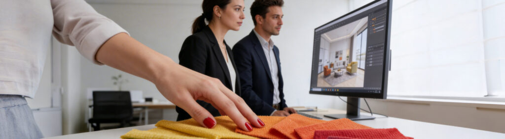 Coworkers examine a rainbow of coloured fabric swatches in a modern high-tech office