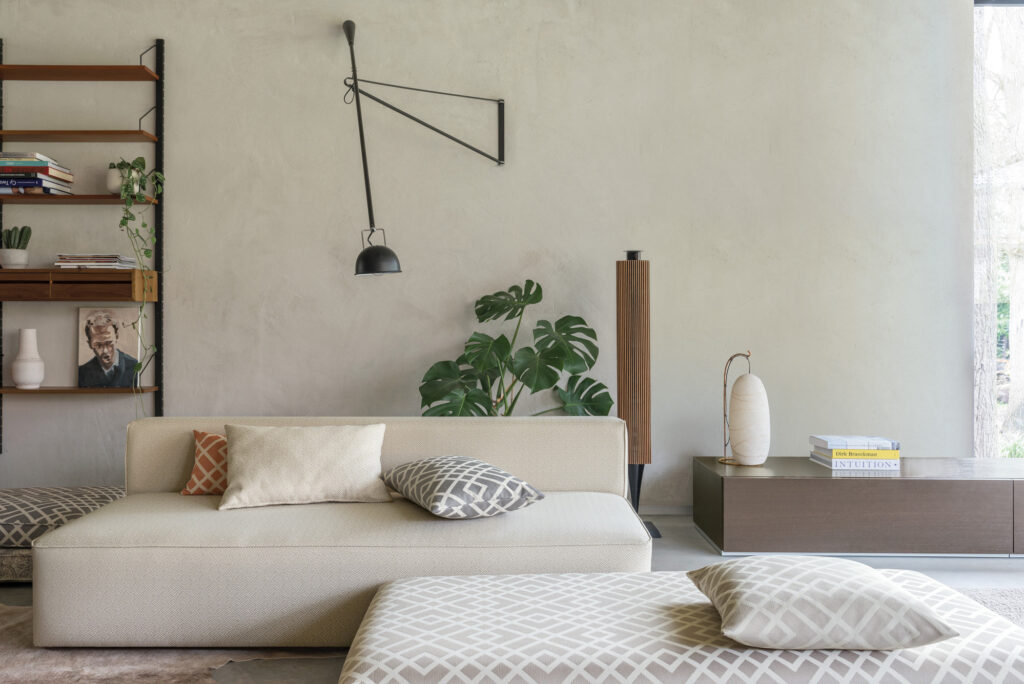 japandi neutral interior with an easy clean couch in fibreguard fabric