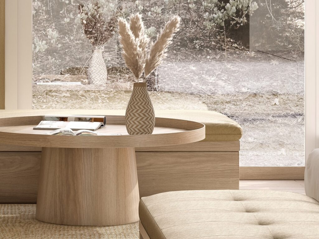 neutral coloured japandi interior with a pale wood coffee table by a window_naturama